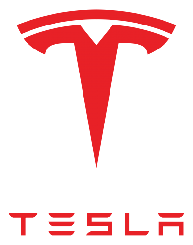 The Tesla logo stands out on a sleek black background.