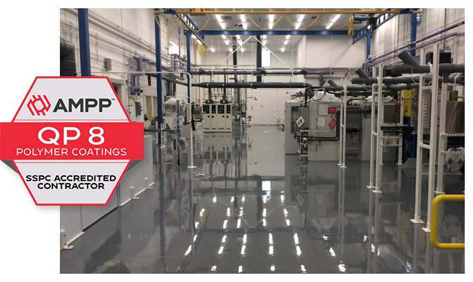 A clean, well-lit industrial facility with machinery and pipelines, showcasing the AMPP QP 8 Polymer Coatings certification badge for an SSPC-accredited contractor, also features advanced commercial flooring systems.