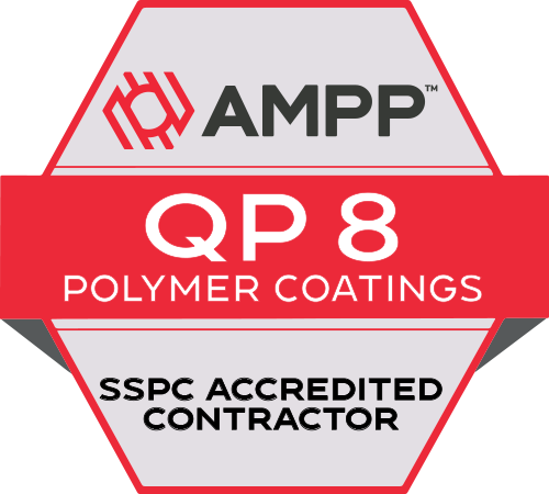 A badge with the text "AMPP QP 8 Polymer Coatings SSPC Accredited Contractor" on it, signifying excellence as a commercial flooring contractor.