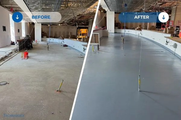 Side-by-side comparison of a construction site before and after flooring installation, showing bare concrete on the left and finished gray flooring on the right.