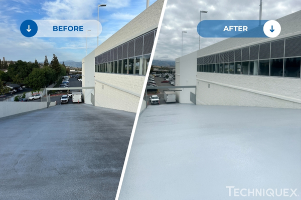 Split view of a sloped driveway before and after resurfacing; left side shows a worn surface, right side shows a smooth, newly coated surface.