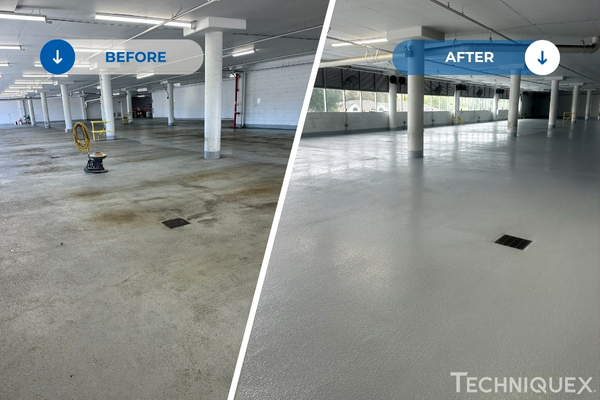 Split image showing a parking garage floor before and after resurfacing; the left side is stained and dirty, the right side is clean and freshly coated.