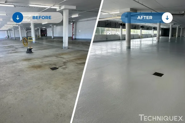 Split image showing a parking garage floor before and after resurfacing; the left side is stained and dirty, the right side is clean and freshly coated.