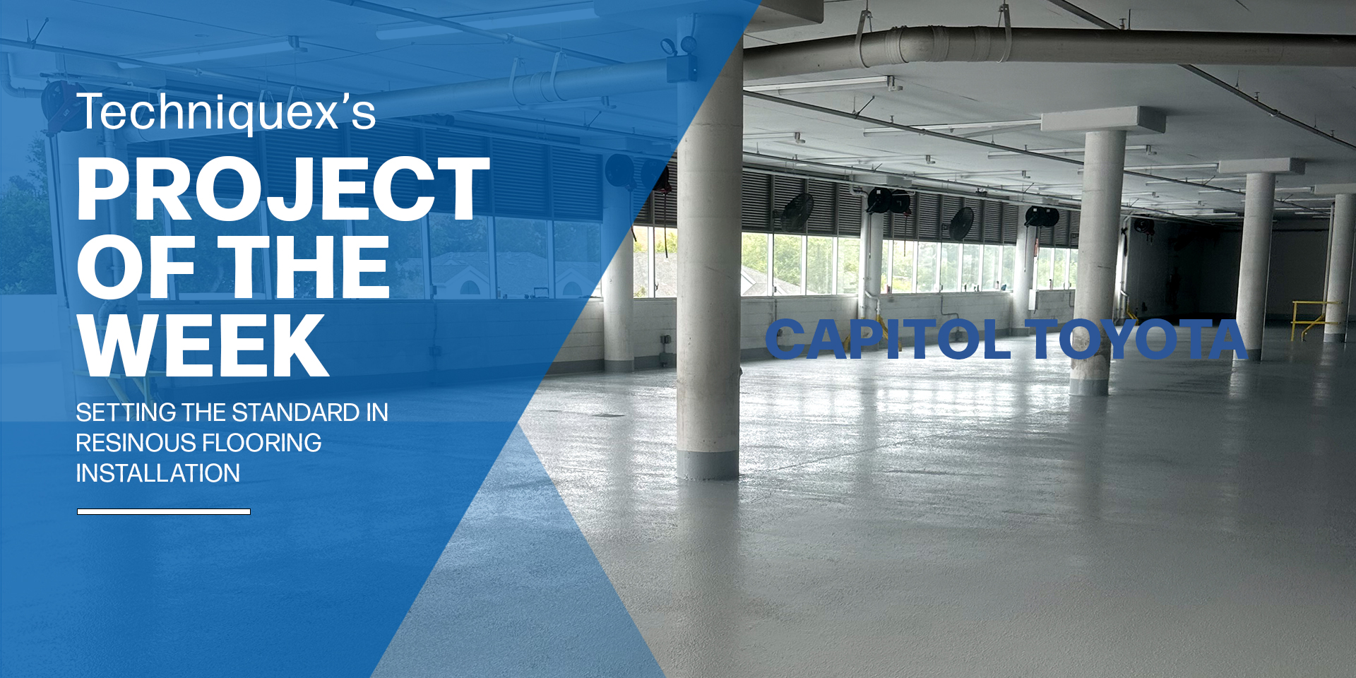 Empty indoor space with white resinous flooring, large windows, and columns; “Capitol Toyota” text visible on back wall, promotional overlay on left side.