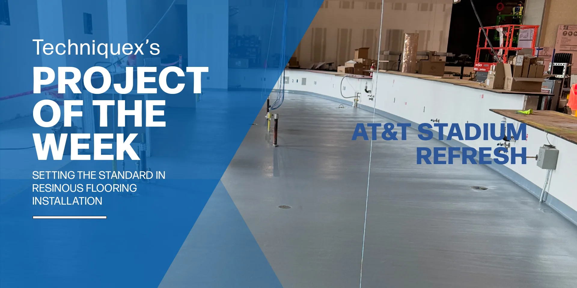 A newly installed resinous floor in progress at AT&T Stadium, with construction materials and equipment visible in the background. Text overlay highlights a project showcase.