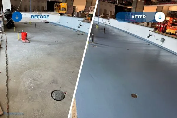 Side-by-side comparison of a large indoor floor before and after renovation; the left side shows a bare concrete surface, while the right side shows a finished, smooth gray coating.