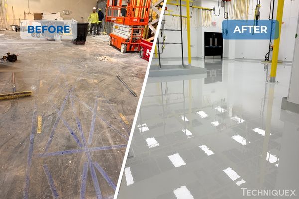 Before and after comparison of a floor renovation, showing a dusty, unfinished floor on the left and a clean, polished floor on the right.