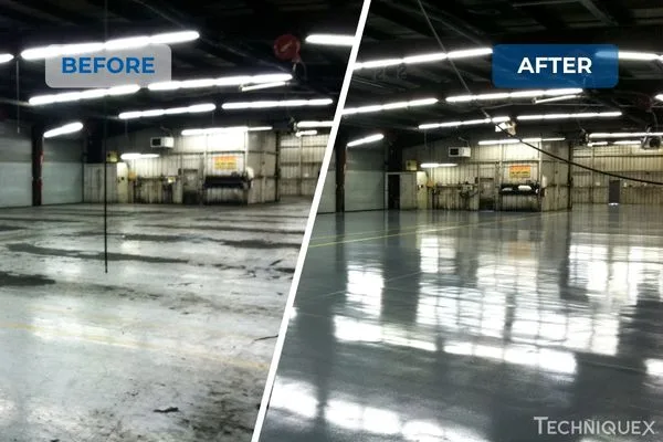 Side-by-side comparison of an industrial floor before and after cleaning, showing a dull, dirty surface on the left and a shiny, spotless surface on the right.