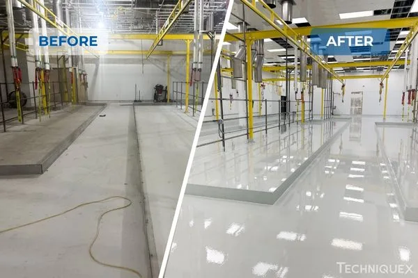 Side-by-side comparison of an industrial facility before and after renovation, showing a dull, unfinished floor on the left and a clean, polished floor on the right.