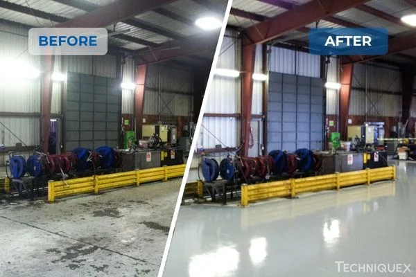 Side-by-side comparison showing a dirty, stained industrial floor on the left and the same floor clean and shiny on the right, labeled "Before" and "After.