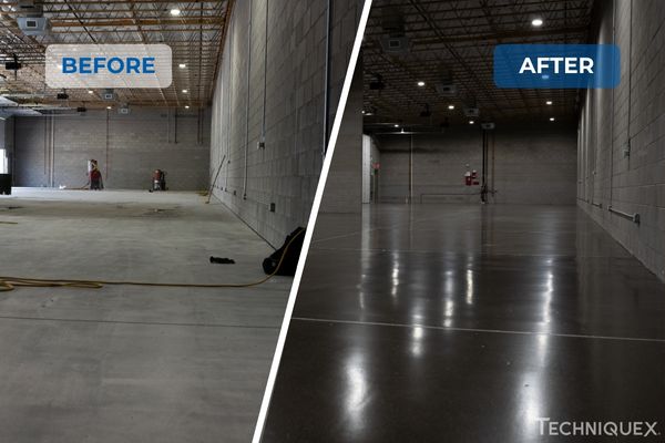 Side-by-side comparison of a warehouse floor before and after cleaning; the floor appears dull on the left and shiny on the right.