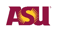 Arizona State University (ASU) logo in maroon and gold, featuring the letters "ASU" with a sunburst design integrated into the "S".