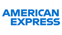 American Express blue logo with bold, uppercase text in two stacked lines.