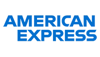 American Express blue logo with bold, uppercase text in two stacked lines.