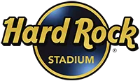 Hard Rock Stadium logo with "Hard Rock" in gold letters on a blue circular background and the word "Stadium" below in smaller gold text.