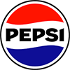 Pepsi logo with bold black "PEPSI" text centered on a circular design featuring red, white, and blue wavy sections.