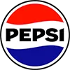 Pepsi logo with bold black "PEPSI" text centered on a circular design featuring red, white, and blue wavy sections.