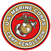 The official emblem of U.S. Marine Corps Camp Pendleton, featuring the Marine Corps logo on a red background with a circular border.