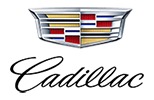 The Cadillac logo featuring a silver crest with multicolored stripes above the word "Cadillac" in script font.