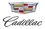 The Cadillac logo featuring a silver crest with multicolored stripes above the word "Cadillac" in script font.