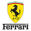 Ferrari logo featuring a prancing black horse on a yellow shield with the letters S and F, topped by red, white, and green stripes.