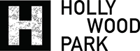 A bold white letter "H" in a black square is next to the words "HOLLYWOOD PARK" in uppercase black letters arranged in three lines.