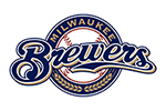Milwaukee Brewers logo featuring the team name in blue and gold script over a baseball, with "Milwaukee" arched above and barley stalks below.
