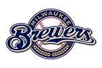 Milwaukee Brewers logo featuring the team name in blue and gold script over a baseball, with "Milwaukee" arched above and barley stalks below.