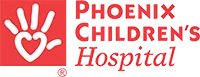 Logo of Phoenix Children’s Hospital featuring a stylized hand with a heart shape in the palm, alongside the hospital’s name in red text.