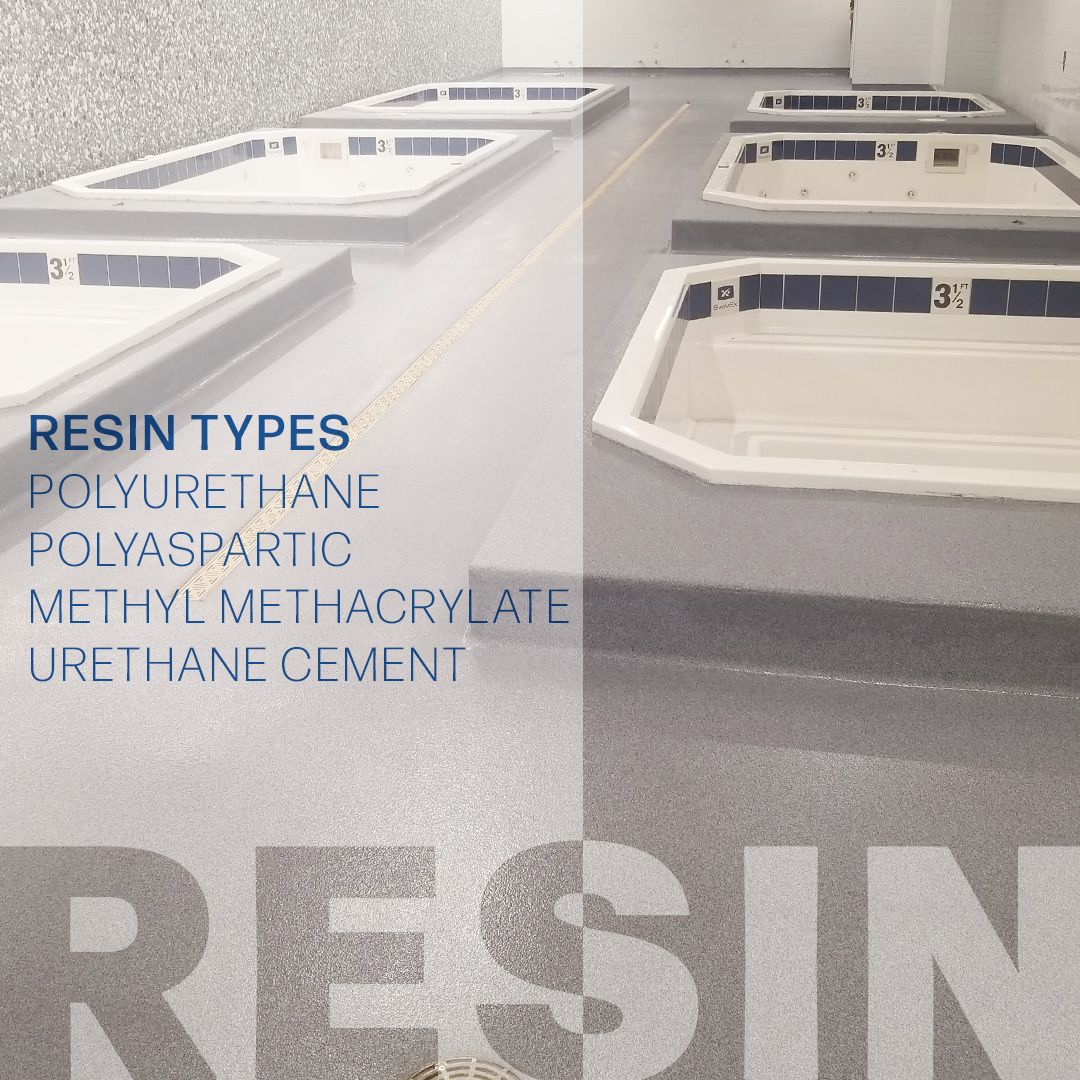 Indoor room with multiple empty recessed pools; text lists resin types such as polyurethane, polyaspartic, methyl methacrylate, and urethane cement, highlighting the differences in Resin Flooring vs Epoxy Flooring.