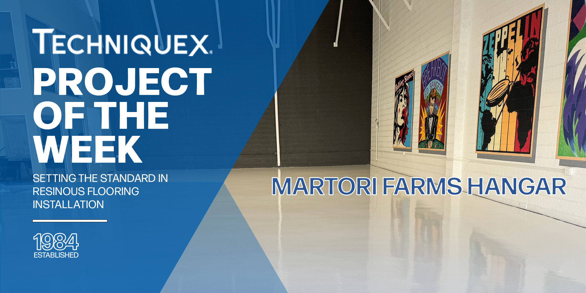 A polished resinous floor in an art-adorned hangar with "TECHNIQUEX Project of the Week: Martori Farms Hangar" text overlay and colorful wall art visible.