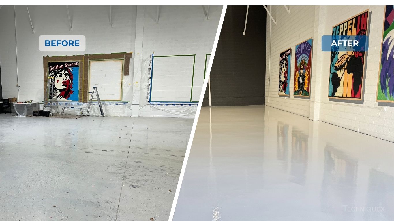 Side-by-side comparison of a room before and after renovation, showing a marked improvement in wall art arrangement and floor finish.