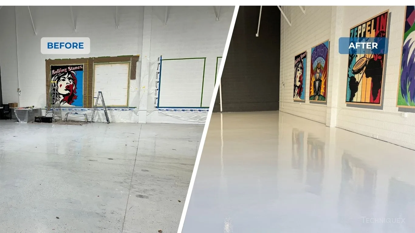 Side-by-side comparison of a room before and after renovation, showing a marked improvement in wall art arrangement and floor finish.