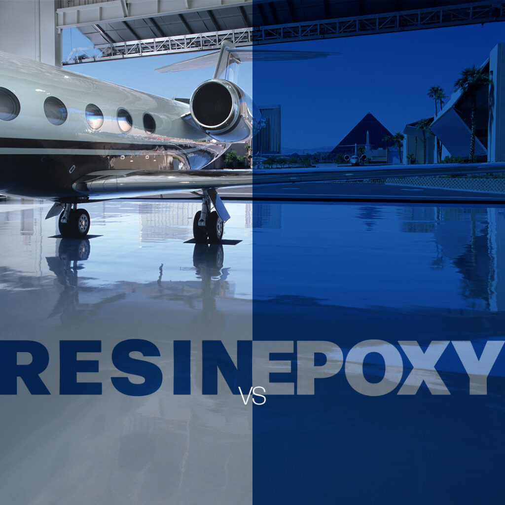 A private jet on a smooth, reflective floor split in half: one side labeled "RESIN," the other "EPOXY," illustrating a comparison between resinous flooring options—showcasing finishes achieved by shot blasting concrete.