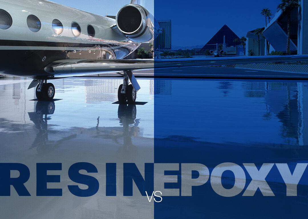 A private jet on a smooth, reflective floor split in half: one side labeled "RESIN," the other "EPOXY," illustrating a comparison between resinous flooring options—showcasing finishes achieved by shot blasting concrete.