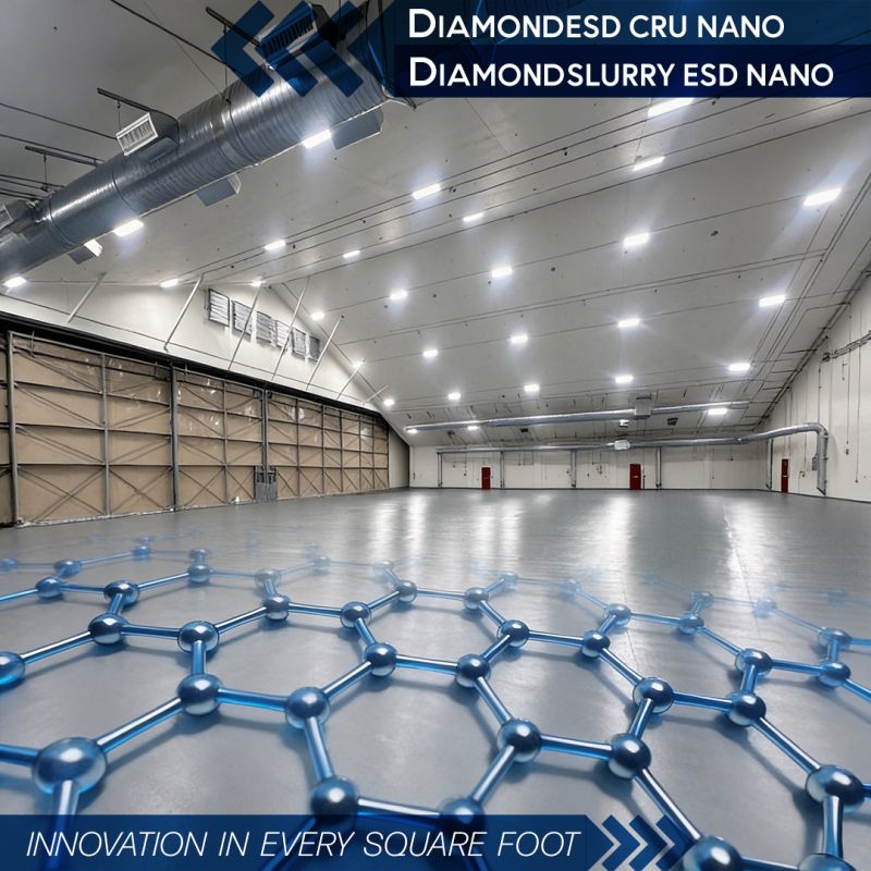 Large, well-lit industrial facility with a molecular structure overlay on the floor and text highlighting "DiamondSD cru nano," "DiamondSlurry ESD nano," and "Innovation in every square foot"—showcasing the benefits of Resin Flooring vs Epoxy Flooring.