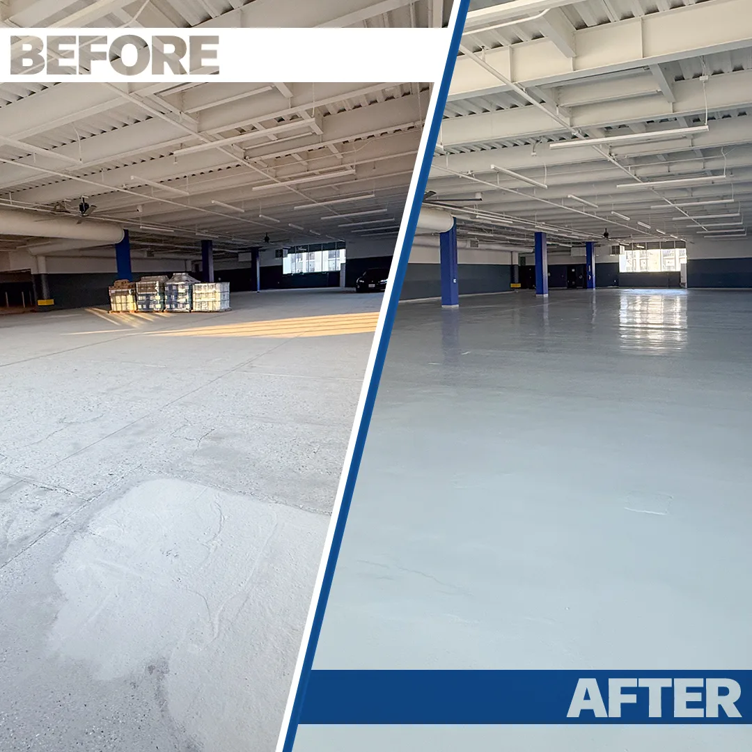 Side-by-side view of a parking garage floor before and after resurfacing; left side shows rough, uneven concrete, right side shows smooth, finished surface.