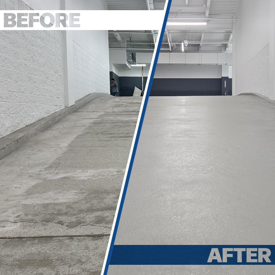 A split image showing a rough, unfinished concrete floor labeled "before" and a smooth, finished floor labeled "after" in the same industrial space.