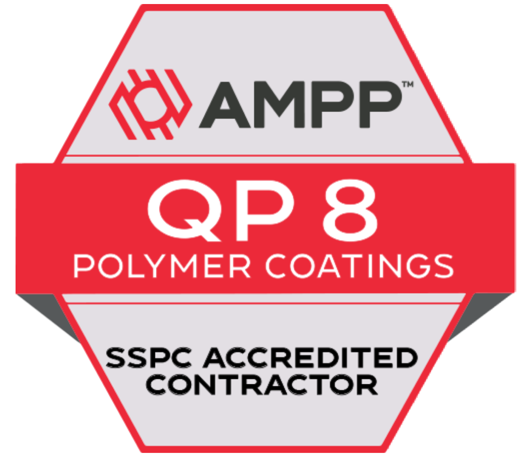 AMPP QP 8 badge for polymer coatings with label "SSPC Accredited Contractor" on a gray hexagon with red border.