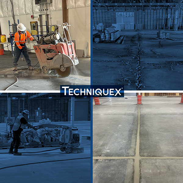 A worker operates a concrete saw; other images show cracked and repaired warehouse floors. The word "TECHNIQUEX" appears in the center.