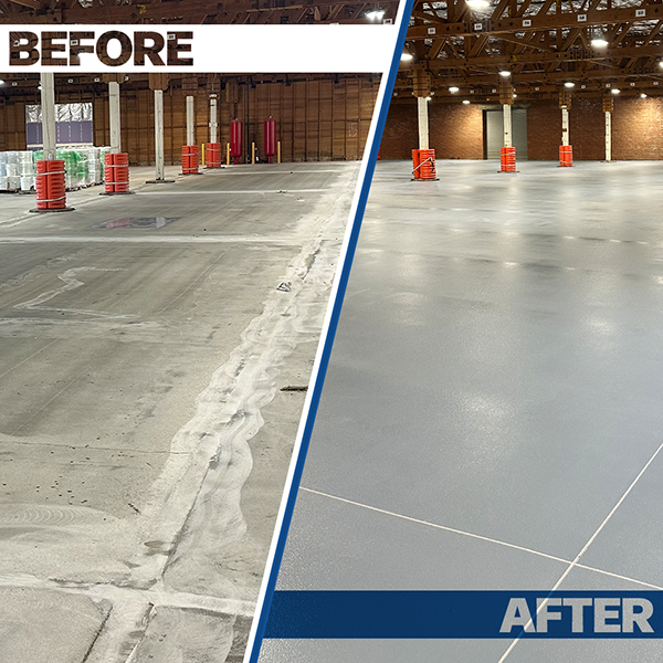 Side-by-side comparison of a warehouse floor before and after resurfacing; left side shows worn concrete, right side shows smooth, finished flooring.