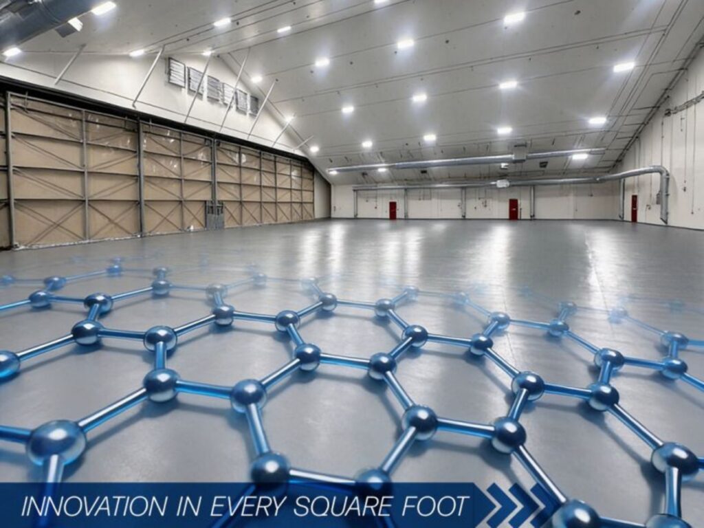 A large, empty industrial warehouse with a graphic overlay of a molecular structure on the floor and the words "Innovation in every square foot," highlighting Resin Flooring vs Epoxy Flooring.