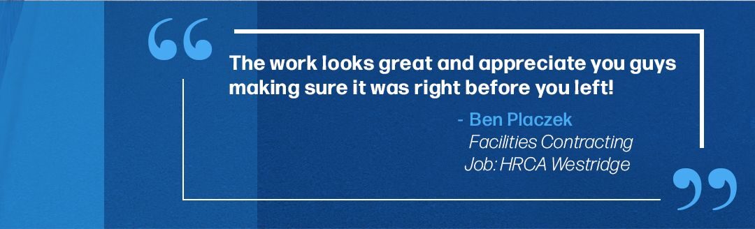 A clean, modern locker room with wooden lockers and white flooring. A testimonial from Ben Placzek is displayed in a blue box at the bottom of the image.