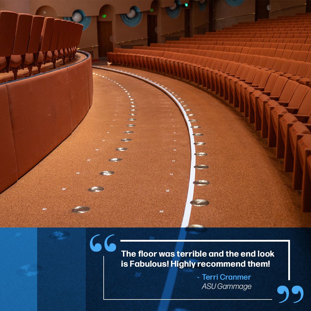 Rows of empty brown theater seats beside a newly renovated floor, with a quoted review about the floor's transformation in a blue box overlay.