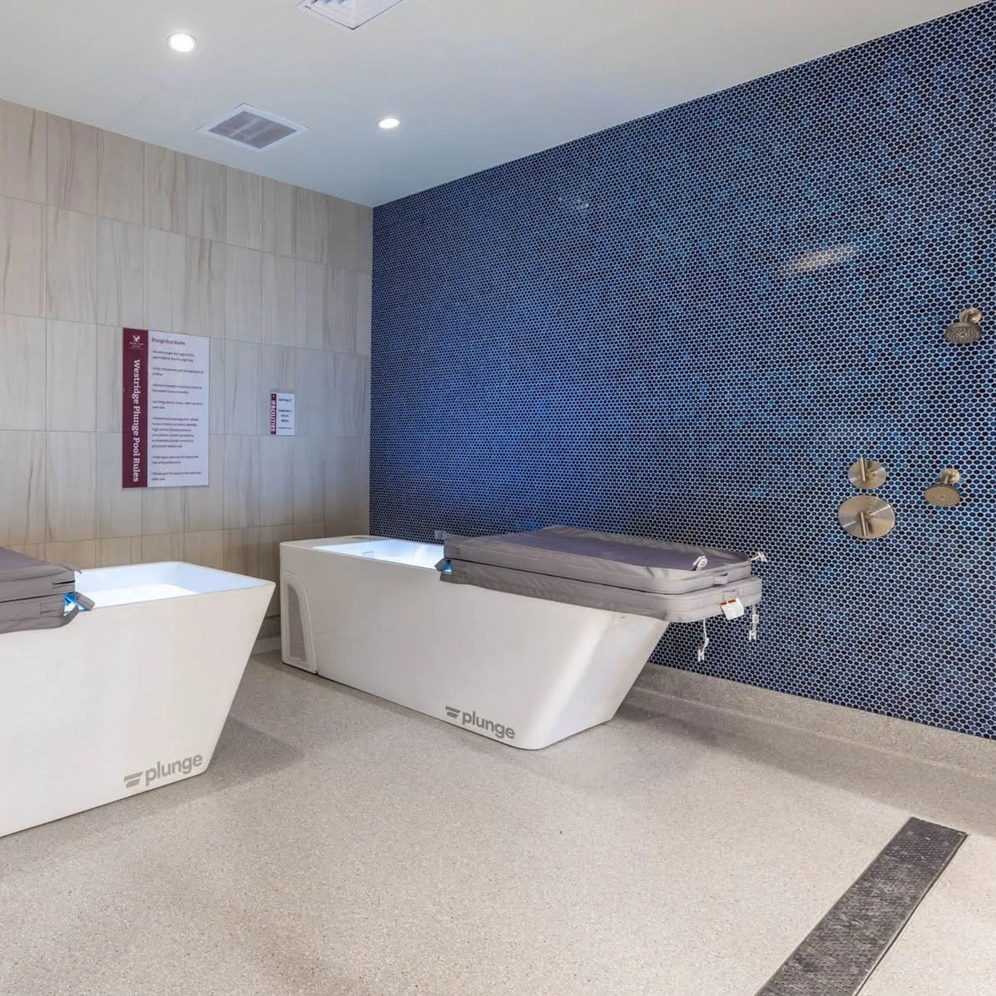 Two modern ice plunge tubs with closed lids are positioned against a blue-tiled wall in a clean, brightly lit spa room.