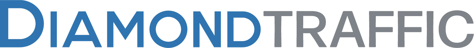Logo with the words "Diamond Traffic"; "Diamond" is in blue text and "Traffic" is in gray text on a white background, reflecting a sleek look perfect for brands in automotive flooring.