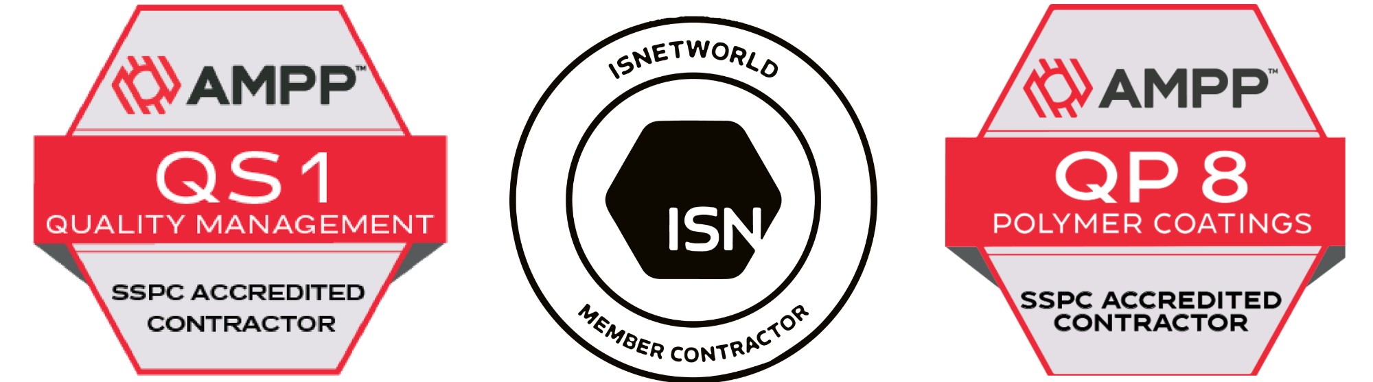 Three badges—AMPP QS1 Quality Management, ISNetworld Member Contractor, and AMPP QP 8 Polymer Coatings—highlight our credentials as a trusted commercial flooring contractor.