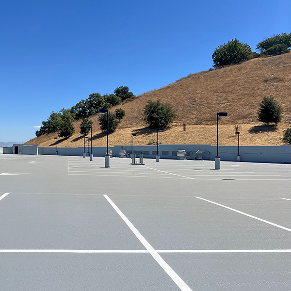 Empty parking lot with freshly painted white lines, a few lampposts, shopping cart returns, and a dry, grassy hillside with trees in the background under a clear blue sky.