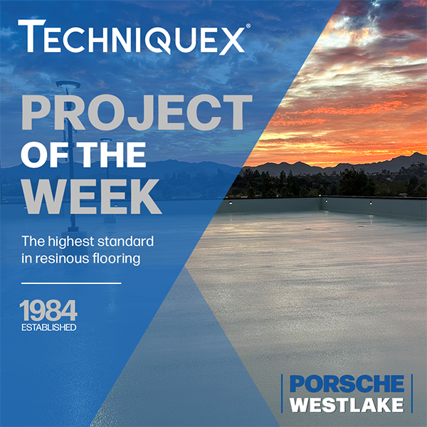 Promotional graphic for TechniqueX showcasing their resinous flooring, featuring a sunset view, “Project of the Week” text, and Porsche Westlake branding.