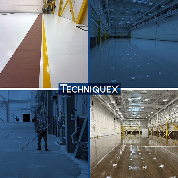 Collage of four images showing different stages of industrial floor coating and preparation in a large warehouse, with "TECHNIQUEX" text in the center.